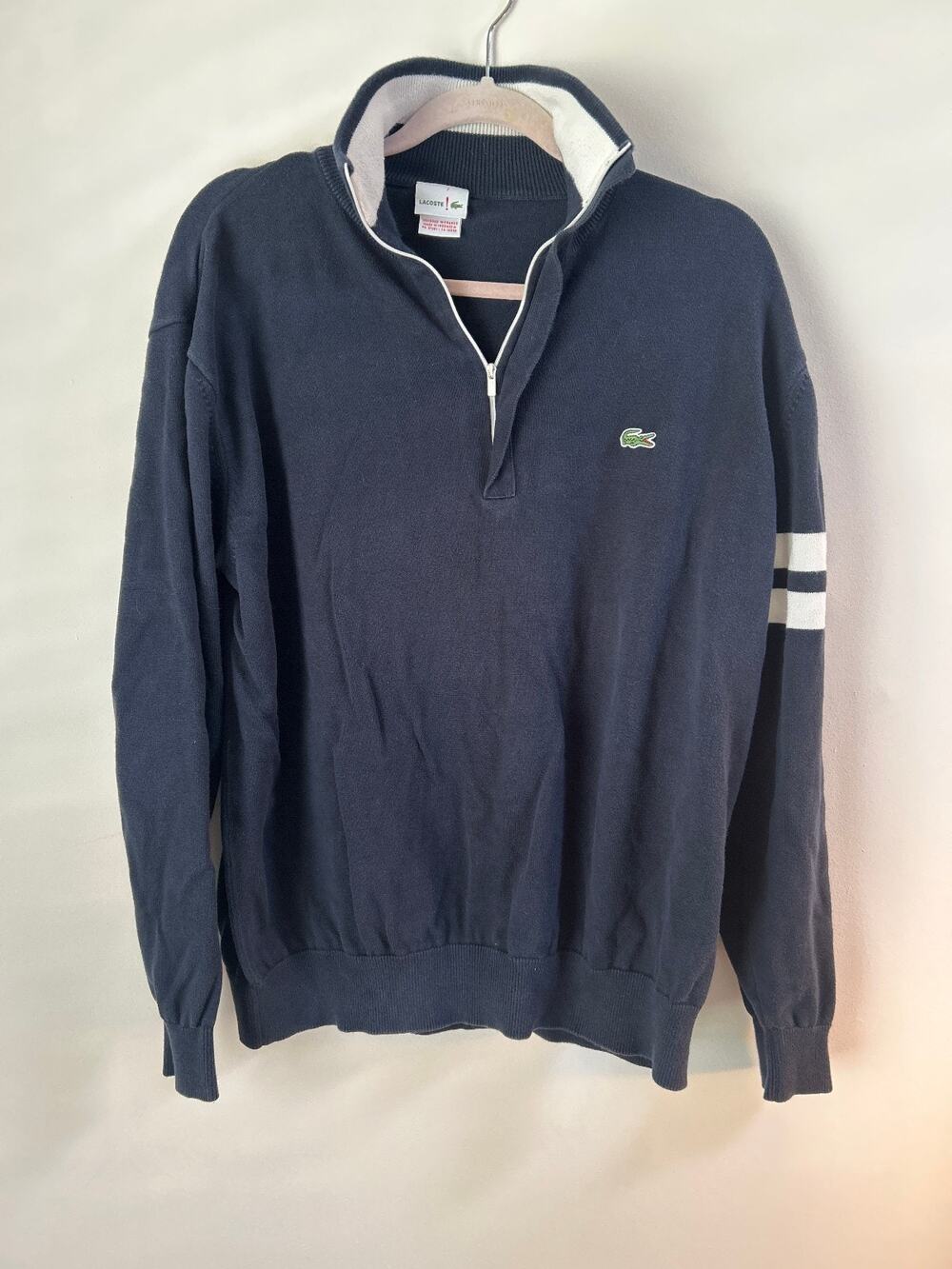 Lacoste Men's Navy Quarter Zip Cotton Sweater Stripe Sleeve Pullover Size 7